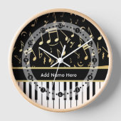 Musiknotizen und Klaviertasten Schwarz und Gold Wanduhr (Vorderseite)