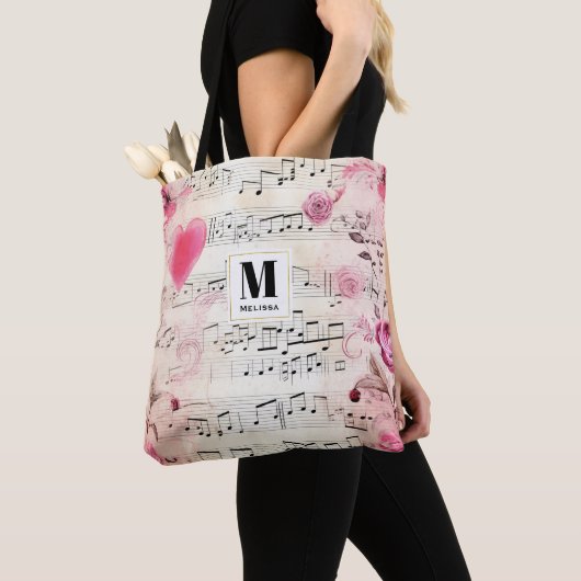 Musiknotizen und Rose Vintages Design Monogramm Tasche (Von Nahem)