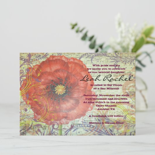 MUSIKROT POPPY Bat Mitzvah Einladung (Stehend Vorderseite)