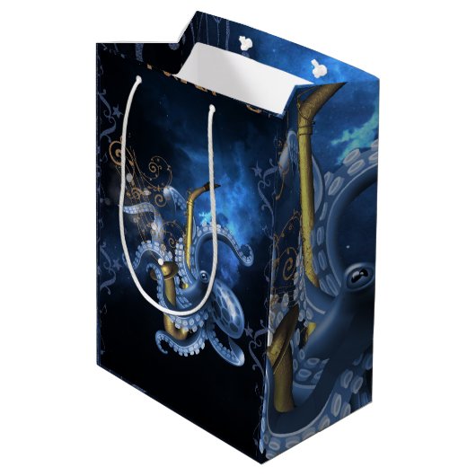 Musiksaxophon mit Oktopus Mittlere Geschenktüte (Rückseite Schrägansicht)