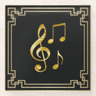Musiksymbole, Gold auf Schwarz, Glasuntersetzer