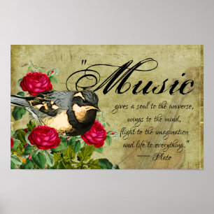 Musikzitat, Drosselvogel und Rosen, Vintage-Geige Poster