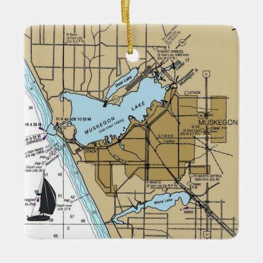 Muskegon MI Nautic Chart Keramikornament (Vorderseite)