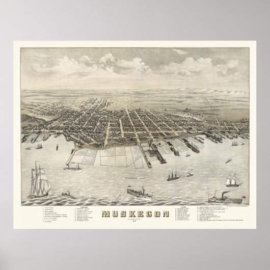 Muskegon, MI Panoramic Map -1874 Poster (Vorne)