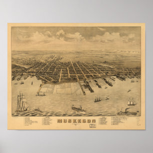 Muskegon Michigan 1874 Antique Panoramic Map Poster