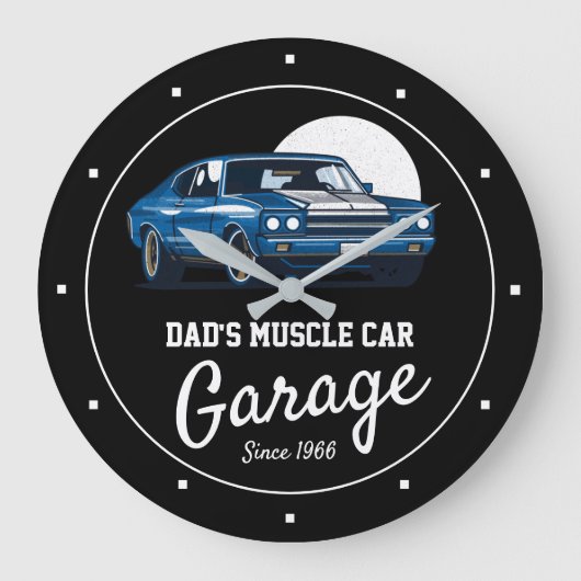 Muskel Auto Garage Vater oder irgendein Name Blau Große Wanduhr (Vorderseite)
