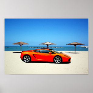 Muskel-Auto-Orange auf Strand Poster