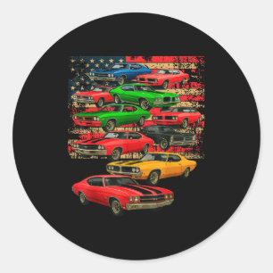 Muskelklassiker Auto Mann amerikanische Flagge Vat Runder Aufkleber