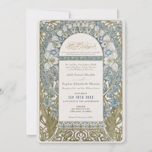 Muslim Dusty Blue Wedding Art Nouveau Mucha Einladung (Vorderseite)