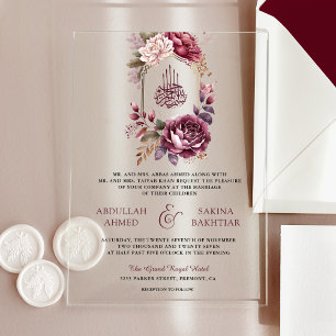 Muslimische Hochzeit in Burgund-Floral-Wappen Acryleinladungen