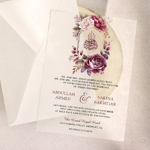 Muslimische Hochzeit in Burgund-Floral-Wappen Pergament Einladungen