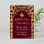 Muslimische Hochzeit mit Burgund-Marokko-Arch Folieneinladung (Stehend vorne)