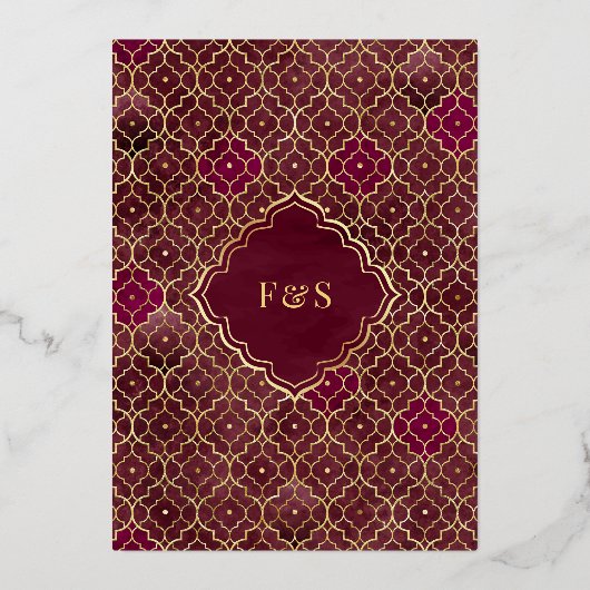 Muslimische Hochzeit mit Burgund-Marokko-Arch Folieneinladung (Rückseite)