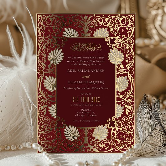 muslimische Red & Gold Foil Akzente Hochzeit Folieneinladung