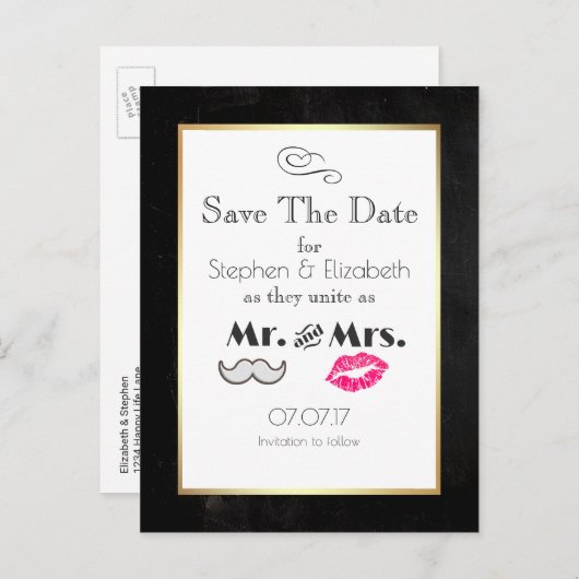 Mustache and Lips Mr. and Mrs Save the Date Ankündigungspostkarte (Vorne/Hinten)