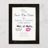 Mustache and Lips Mr. and Mrs Save the Date Ankündigungspostkarte (Vorderseite)