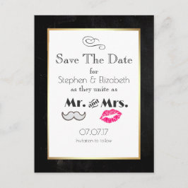 Mustache and Lips Mr. and Mrs Save the Date Ankündigungspostkarte