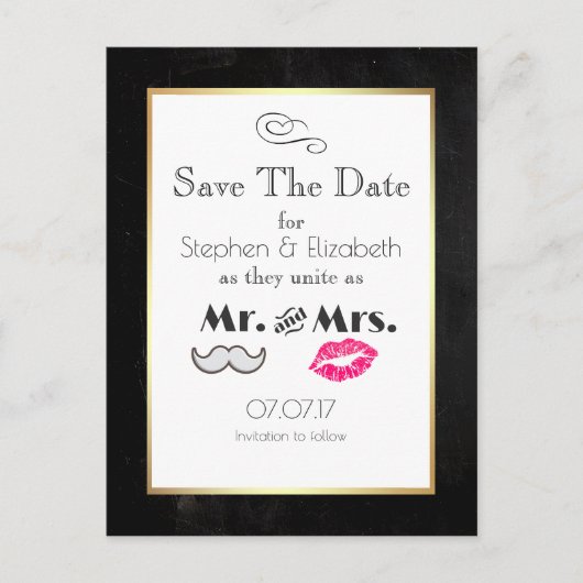 Mustache and Lips Mr. and Mrs Save the Date Ankündigungspostkarte (Vorderseite)