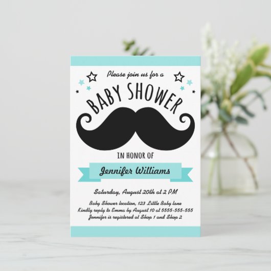 Mustache Baby Dusche Aqua Einladung (Stehend Vorderseite)