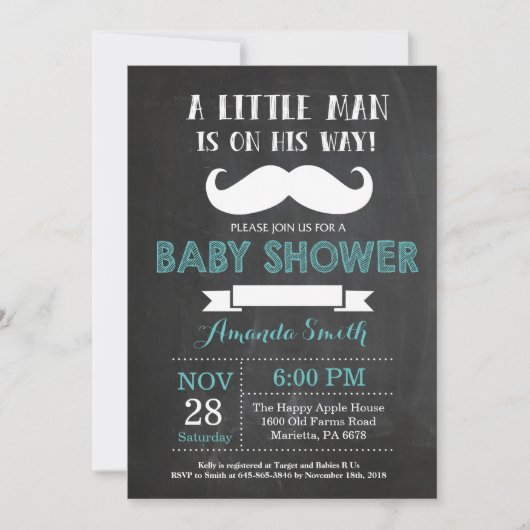 Mustache Baby Shower Einladung Aqua und Grau (Vorderseite)