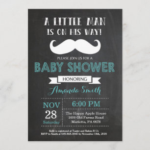 Mustache Baby Shower Einladung Aqua und Grau
