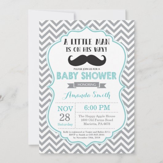 Mustache Baby Shower Einladung Aqua und Grau (Vorderseite)