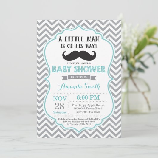 Mustache Baby Shower Einladung Aqua und Grau (Stehend Vorderseite)