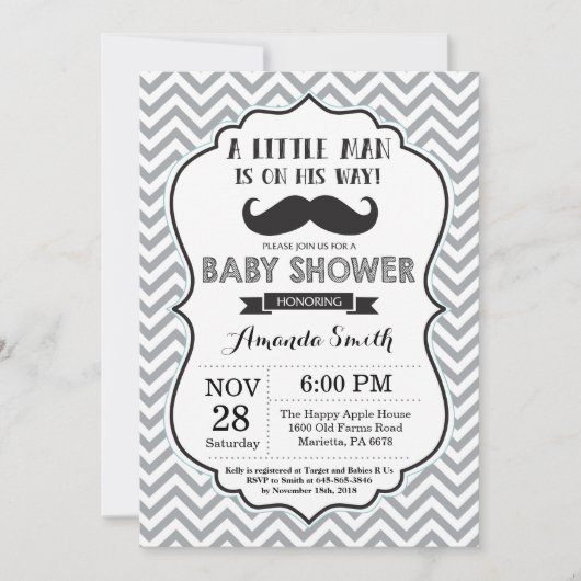 Mustache Baby Shower Einladung Black and Gray (Vorderseite)