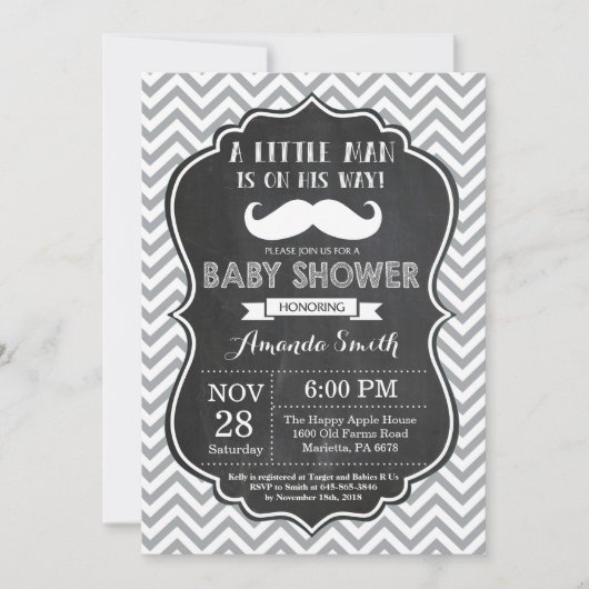 Mustache Baby Shower Einladung Black and Gray (Vorderseite)