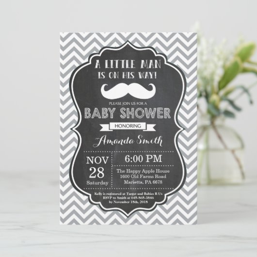 Mustache Baby Shower Einladung Black and Gray (Stehend Vorderseite)