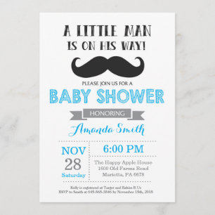 Mustache Baby Shower Einladung Blau und Grau