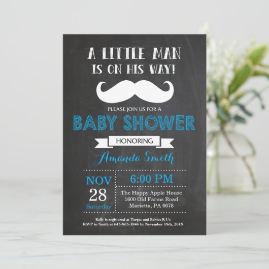 Mustache Baby Shower Einladung Blau und Grau (Stehend Vorderseite)