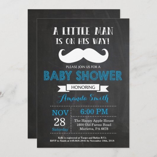 Mustache Baby Shower Einladung Blau und Grau (Vorne/Hinten)