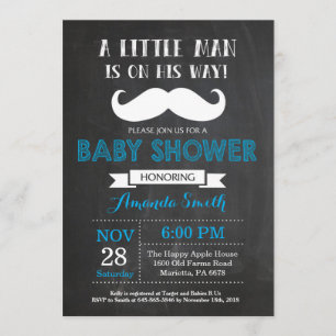 Mustache Baby Shower Einladung Blau und Grau