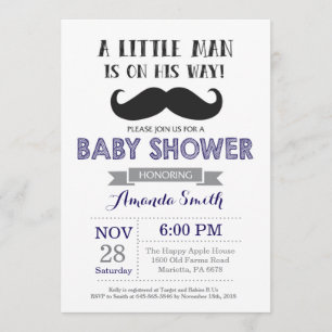 Mustache Baby Shower Einladung Navy Blue und Grau
