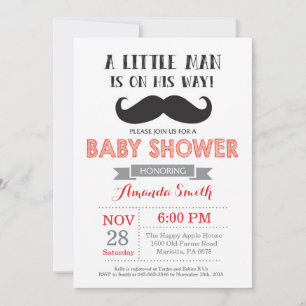 Mustache Baby Shower Einladung Rot und Grau