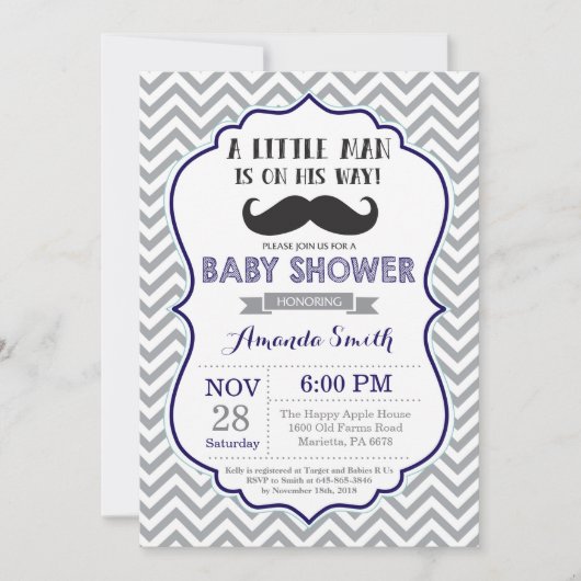 Mustache Babydusche Einladung Navy Blue und Gray (Vorderseite)