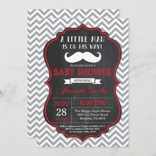 Mustache Babydusche Einladung Rot und Grau (Vorne/Hinten)
