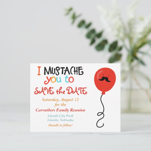 Mustache Balloon Family Wiedersehen Save the Date Ankündigungspostkarte (Stehend Vorderseite)