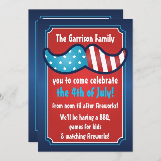 Mustache Bash 4. Juli Party Einladungen (Vorne/Hinten)