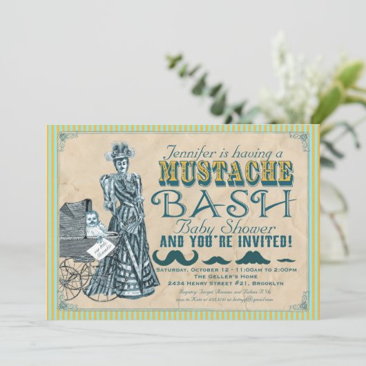 Mustache Bash Babydusche Einladung (Stehend Vorderseite)
