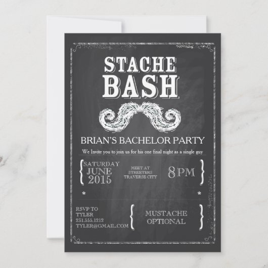 Mustache Bash Bachelor Party Chalkboard Hipster Einladung (Vorderseite)
