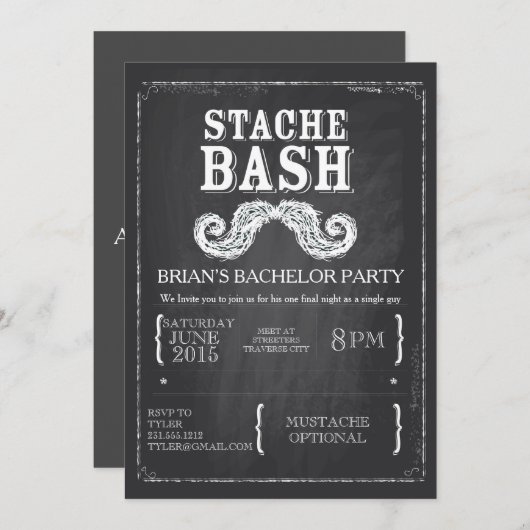 Mustache Bash Bachelor Party Chalkboard Hipster Einladung (Vorne/Hinten)