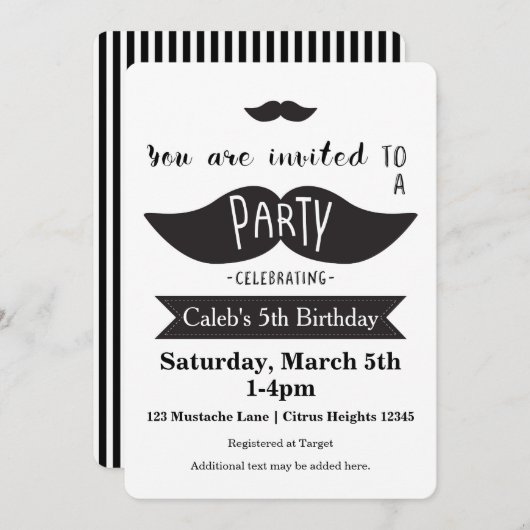 Mustache Bash Birthday PARTY Moderne Einladungen (Vorne/Hinten)