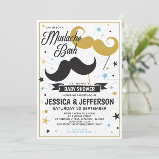 Mustache Bash Boy Baby Imitate Glitzer Dusche Einladung (Stehend Vorderseite)