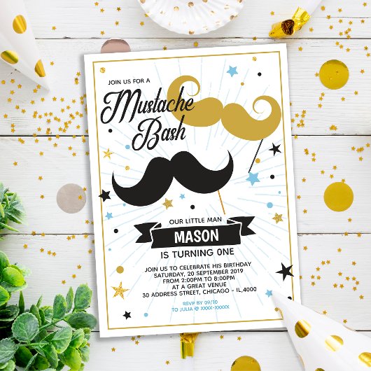 Mustache Bash Boy Birthday Party Imitate Glitzer Einladung