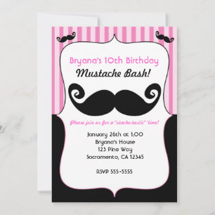Mustache Bash Girls Pink White Black Einladungen