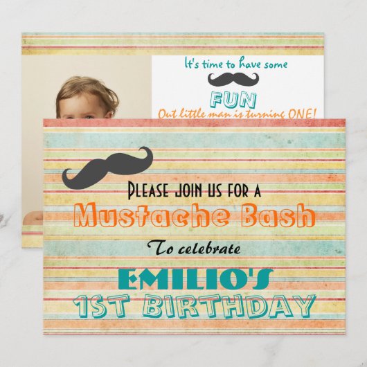 Mustache Birthday Bash Einladung (Vorne/Hinten)