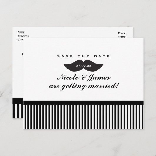 Mustache Black & White Save the Date Postcard Ankündigungspostkarte (Vorne/Hinten)