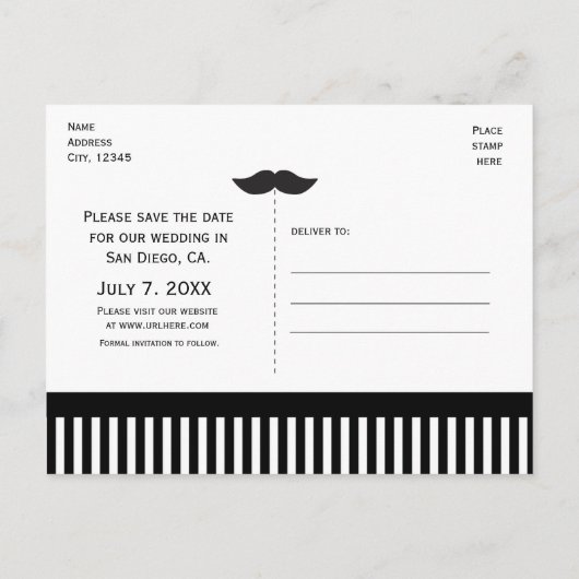 Mustache Black & White Save the Date Postcard Ankündigungspostkarte (Rückseite)